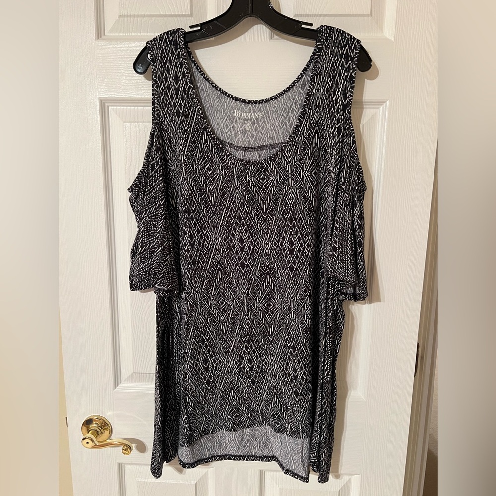 Roaman's Black and White Patterned Cold Shoulder Top